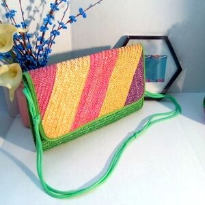 Clutch Purse Multicolor Rainbow Pastel Striped Woven Straw Handbag